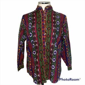 Vintage Boho Indie Tribal Abstract Multicolored button down shirt medium